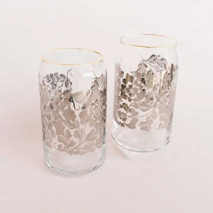 Silver Floral 16 Oz Soda Can Style Glass