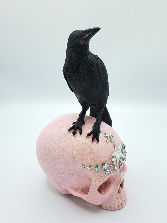 Glitter Gothic Skull w/Raven Statue