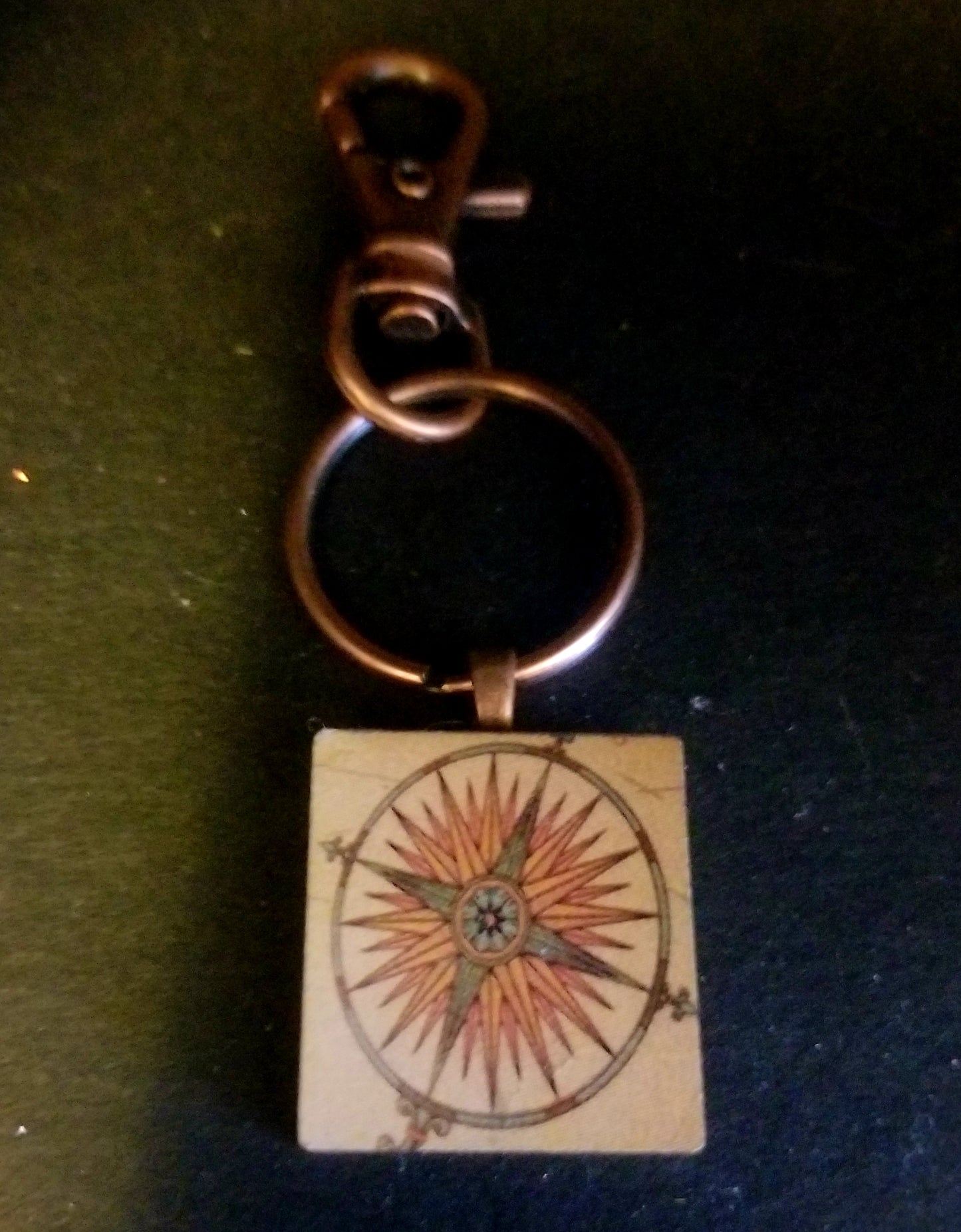 Compass Wood Tile Key Chain