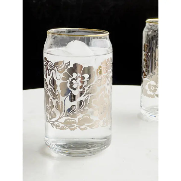 Silver Floral 16 Oz Soda Can Style Glass