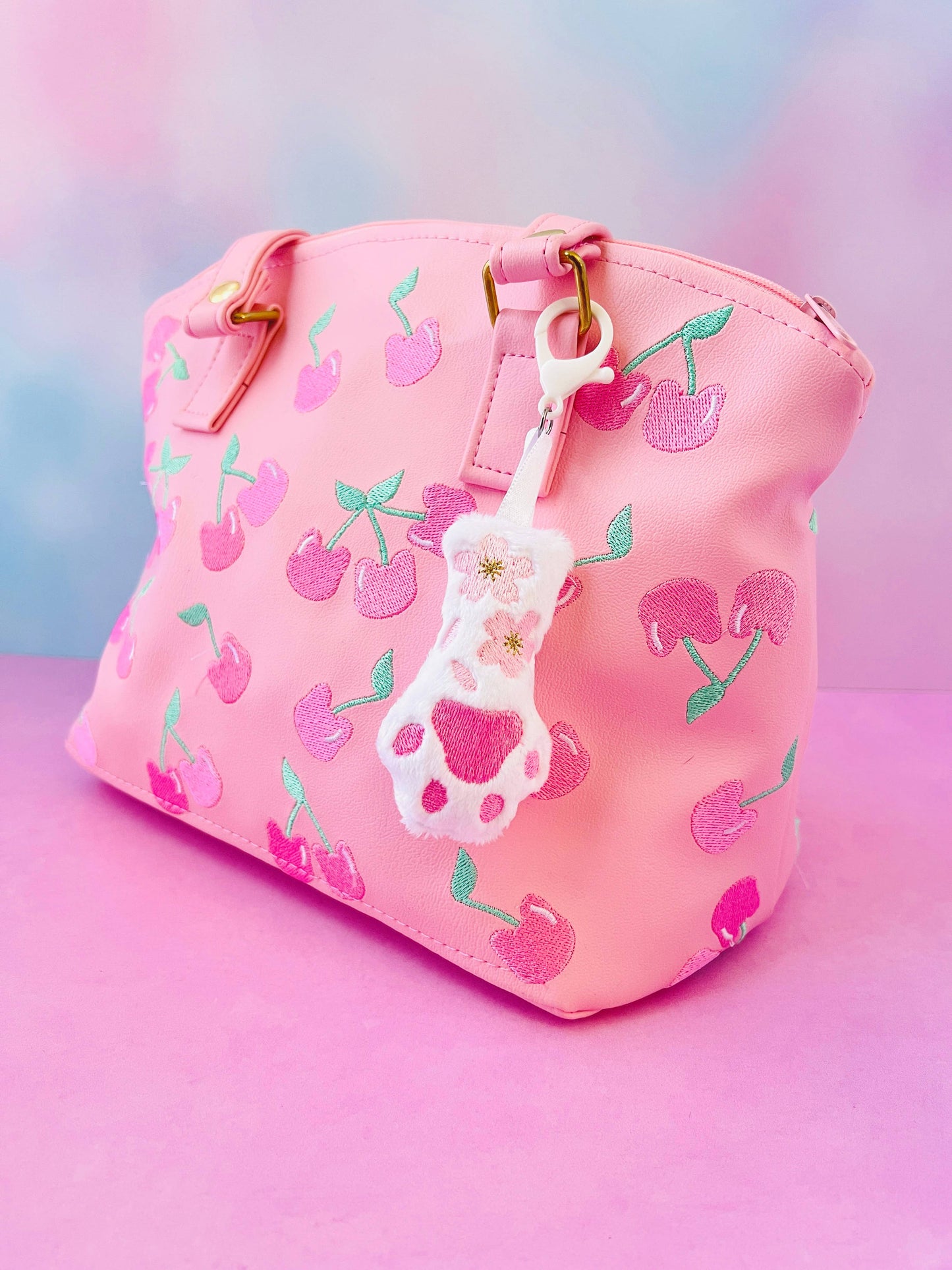 White Cat Paw Cherry Blossoms Kawaii Pastel Goth Bag Clip