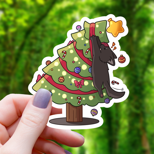 Black Cat Destroying Holiday Tree Sticker- 3"