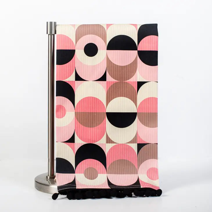 Mid Century Modern Circle in Oval Pink and Black Tea Towel