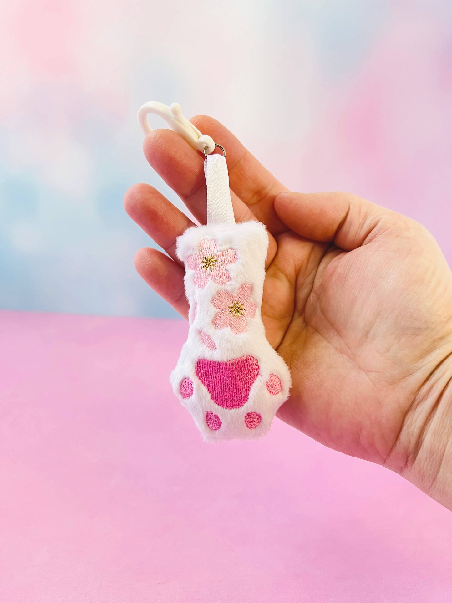 White Cat Paw Cherry Blossoms Kawaii Pastel Goth Bag Clip