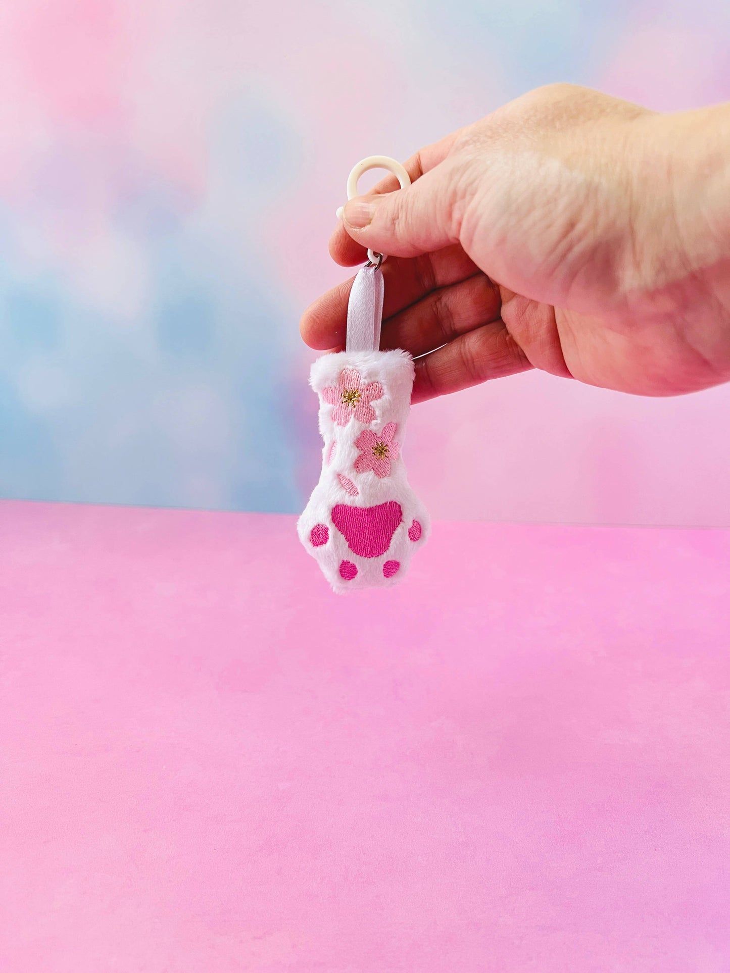 White Cat Paw Cherry Blossoms Kawaii Pastel Goth Bag Clip