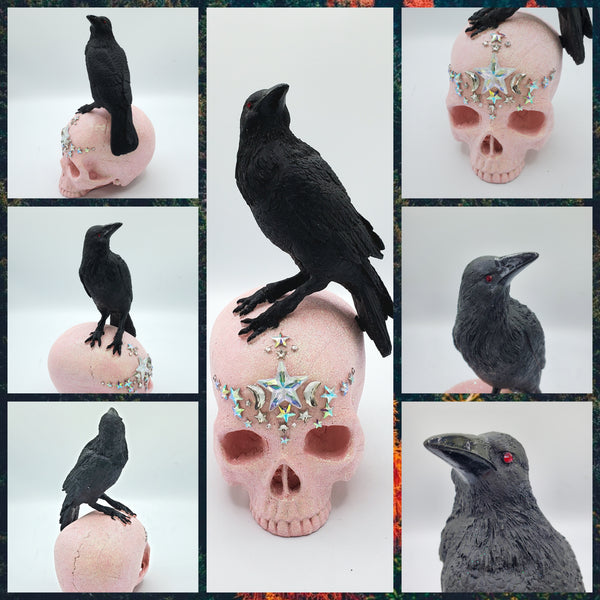 Glitter Gothic Skull w/Raven Statue