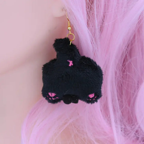Kawaii Plush Cat Butt Earrings - Black