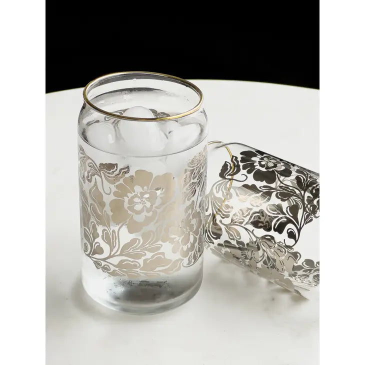 Silver Floral 16 Oz Soda Can Style Glass