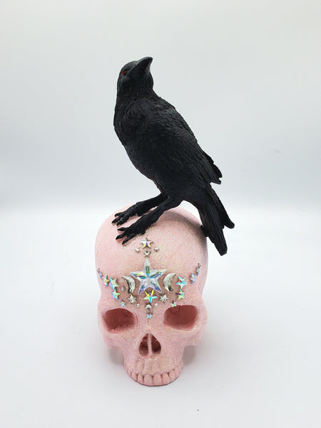 Glitter Gothic Skull w/Raven Statue