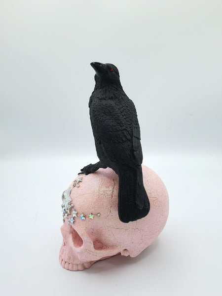 Glitter Gothic Skull w/Raven Statue