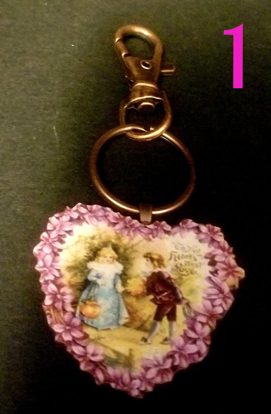 Vintage Valentine Heart Wood Key Chain