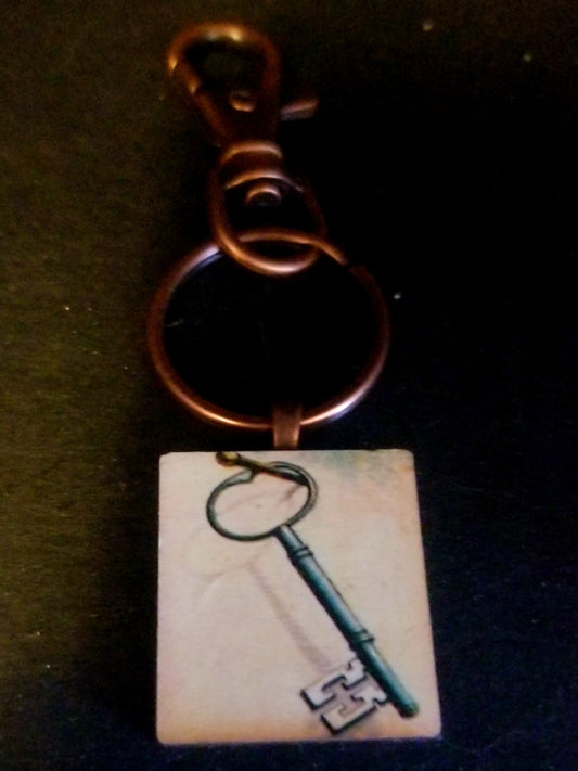 Old Key Wood Tile Key Chain