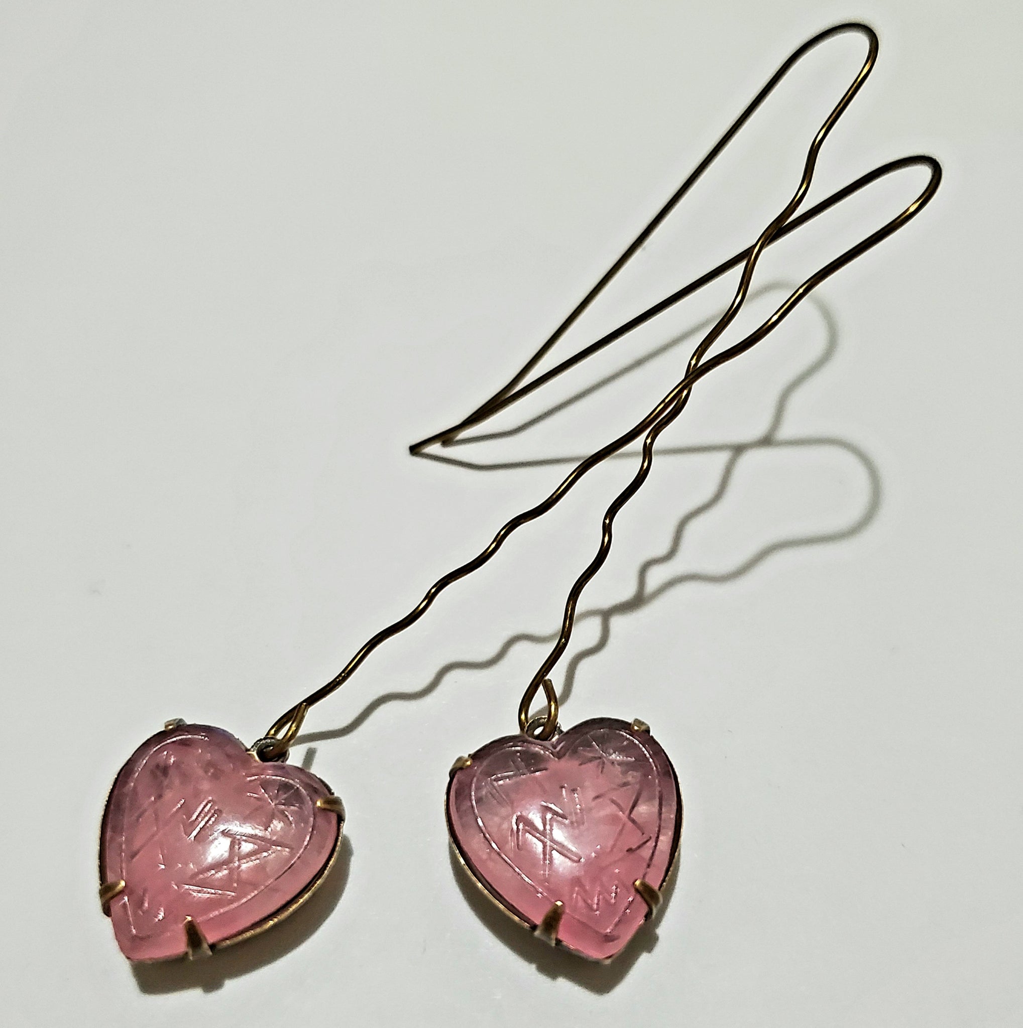 Rose Quartz Rune Heart Brass Earrings