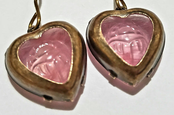 Rose Quartz Rune Heart Brass Earrings